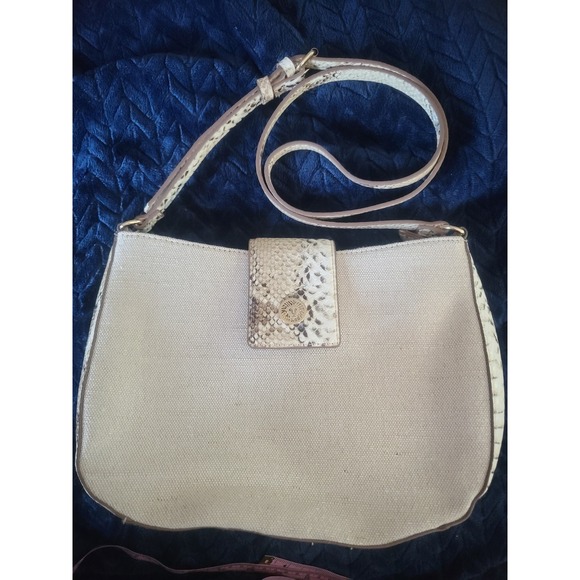 Anne Klein Handbags - Anne Klein Canvas Snakeskin Embossed Shoulder Bag Cream Lion Logo Medallion